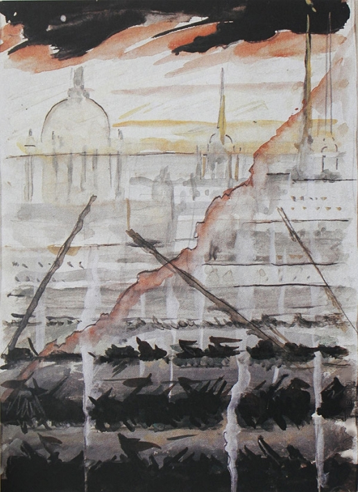 Leningrad in blockade. Sketch on the theme of Leningrad Symphony of D. D. Shostakovich. (1943) - Mstislav Dobuzhinsky Tablo