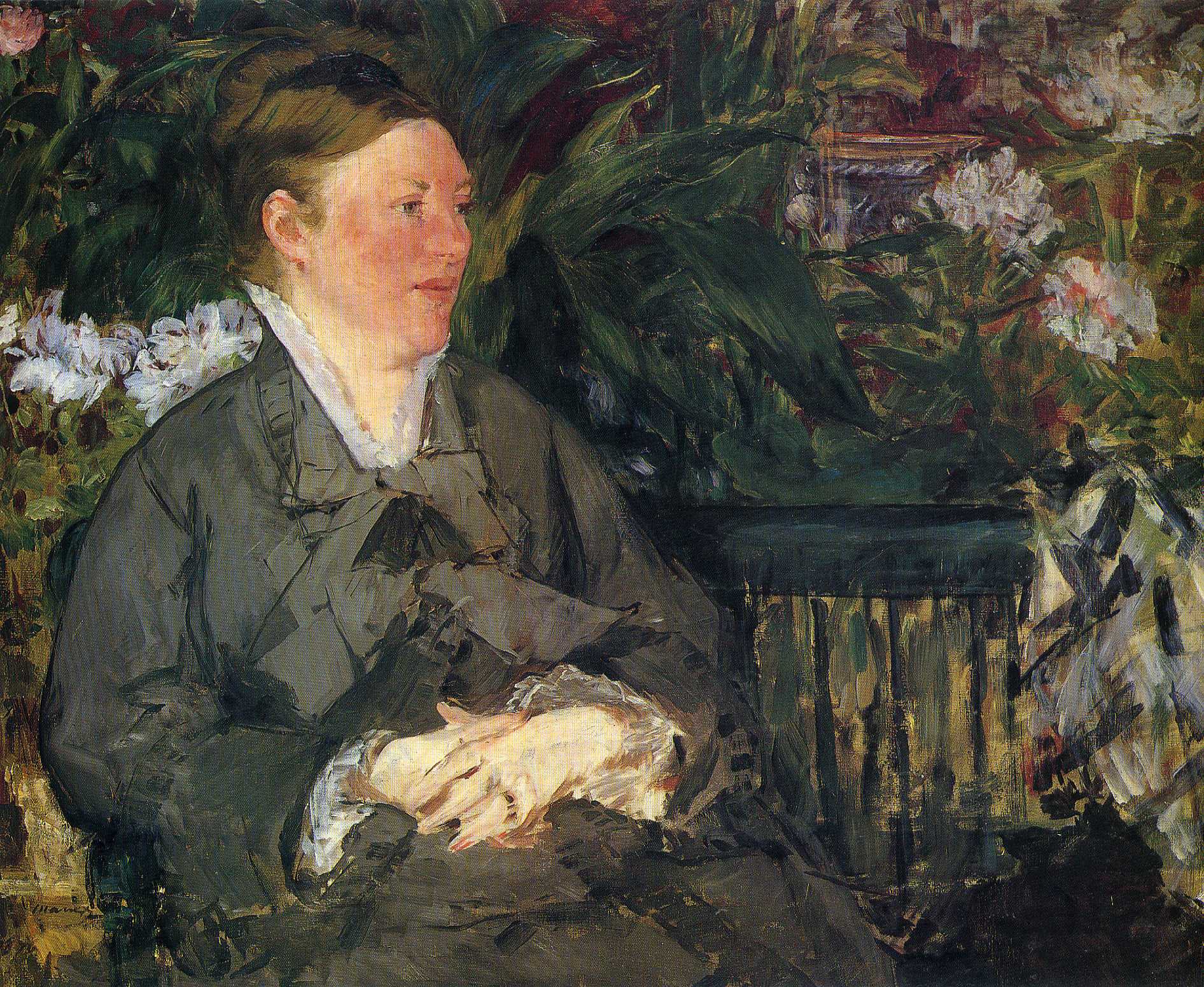 Madame Manet in conservatory (1879) - Edouard Manet Tablo