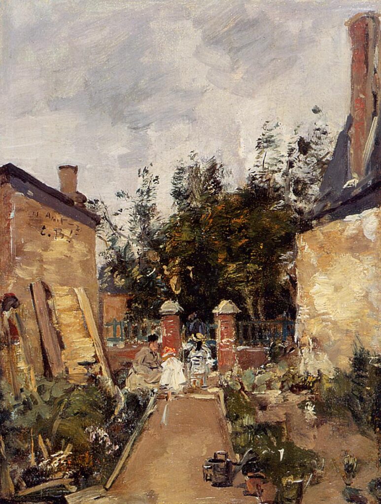 Madame S. with Her Children in Their Garden at Trouville (1873) – Eugène Boudin Tablo