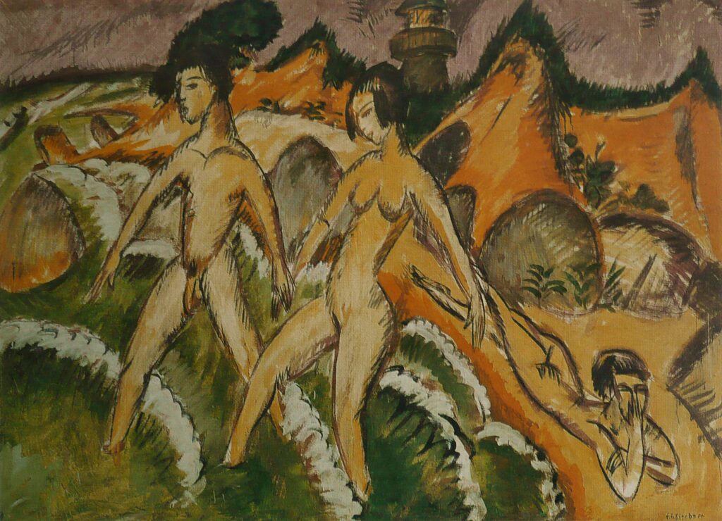 Male and Female Nudes Striding into the Sea (1912) - Ernst Ludwig Kirchner Tablo