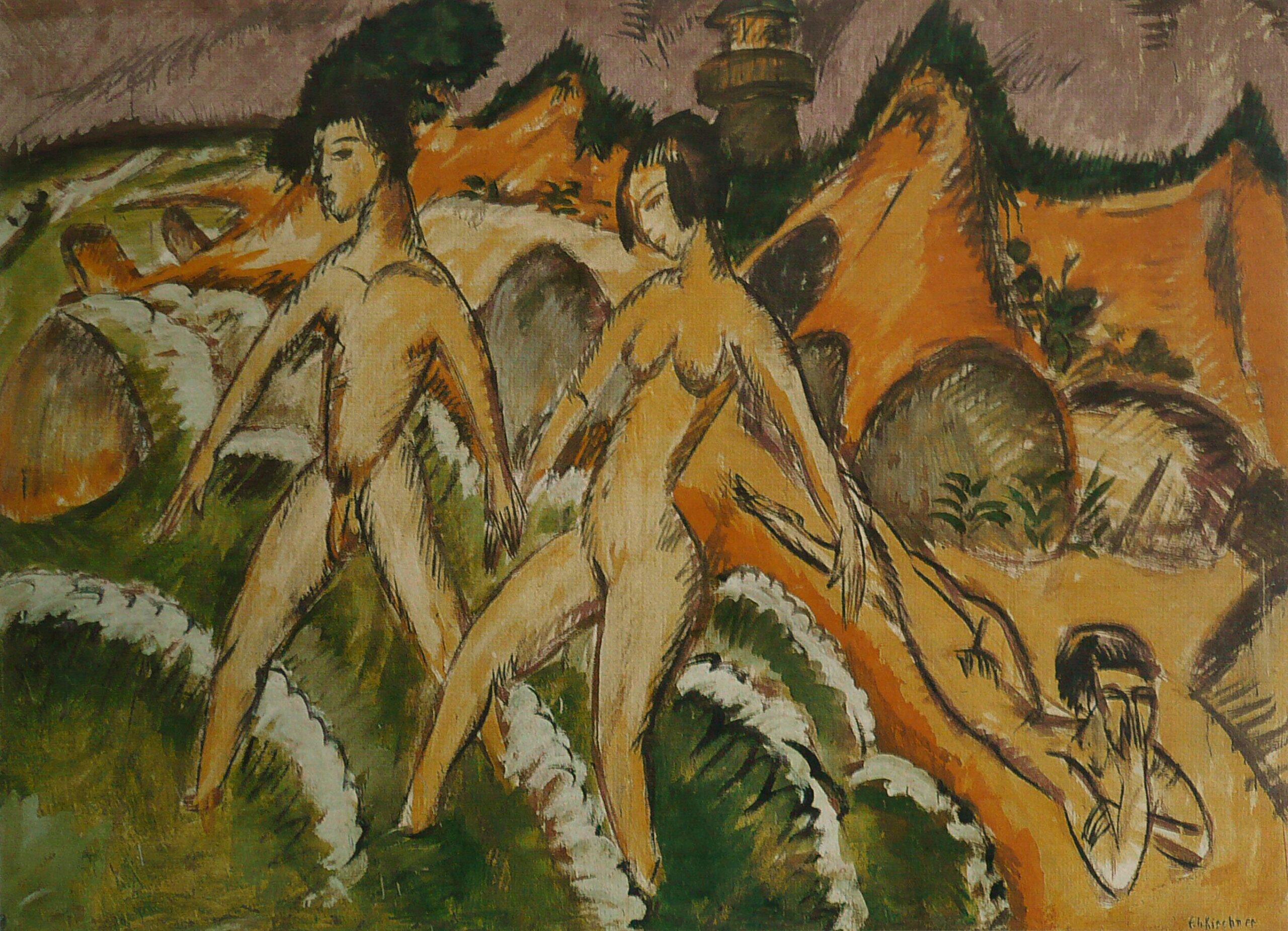 Male and Female Nudes Striding into the Sea (1912) - Ernst Ludwig Kirchner Tablo
