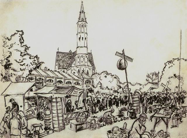 Marketplace in Siauliai (1934) - Mstislav Dobuzhinsky Tablo