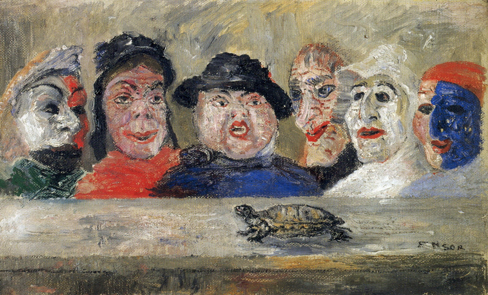 Masks Looking at a Tortoise (1894) - James Ensor Tablo