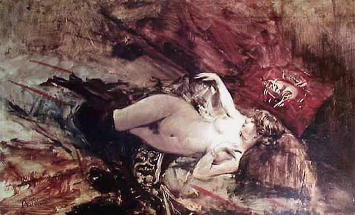 Naked young woman lying down with black stockings (1885) - Giovanni Boldini Tablo