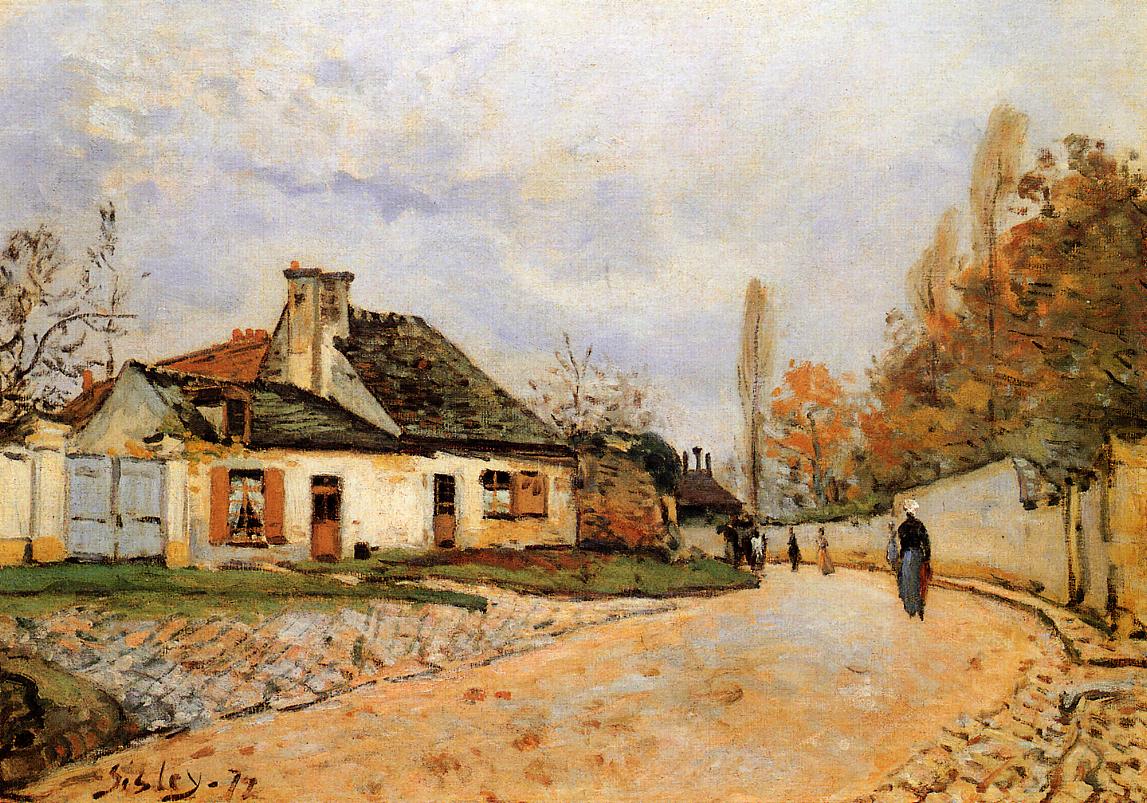 Neighborhood Street in Louveciennes (Rue de Village (Voisins to Louveciennes)) (1872) - Alfred Sisley Tablo