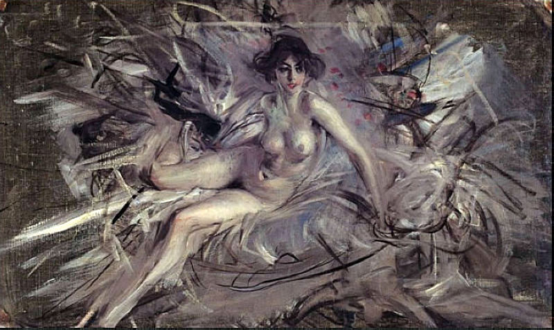 Nude of a young semi reclining woman - Giovanni Boldini Tablo