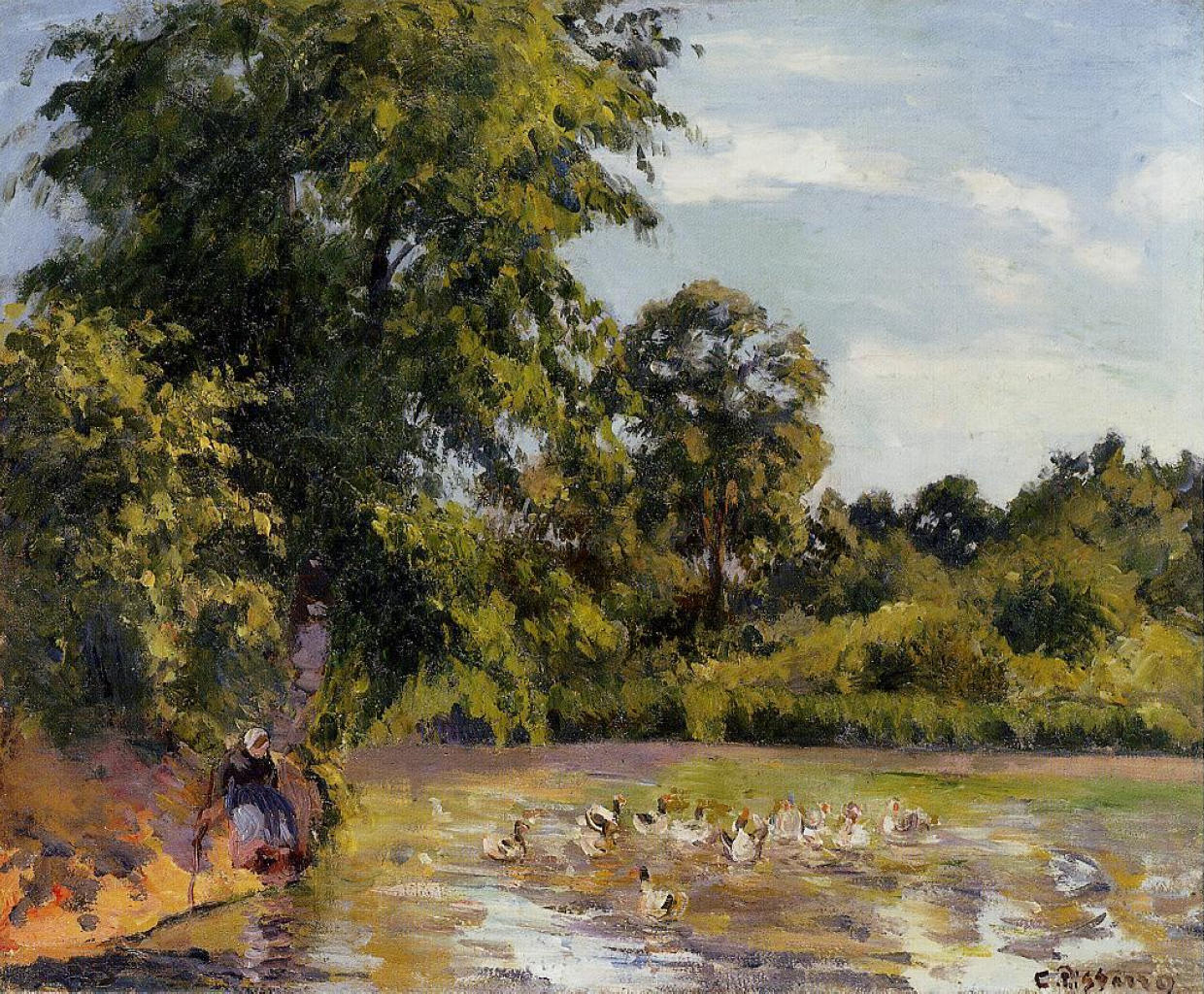 Old Woman with Ducks at Montfoucault - Camille Pissarro Tablo