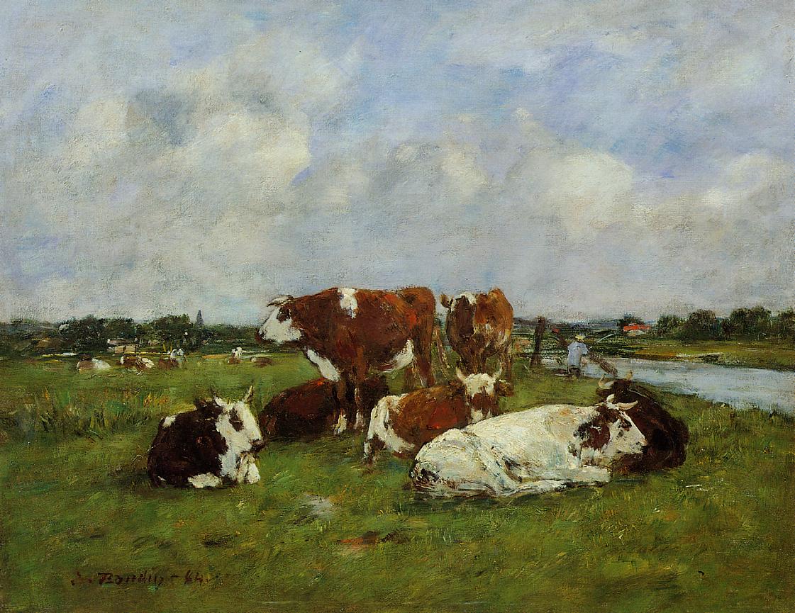 Pasturage on the Banks of the Touques (1884) - Eugène Boudin Tablo