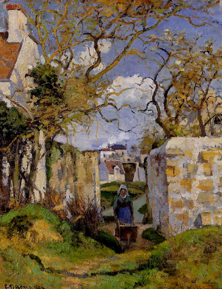 Peasant Pushing a Wheelbarrow, Maison Rondest, Pontoise (1874) - Camille Pissarro Tablo