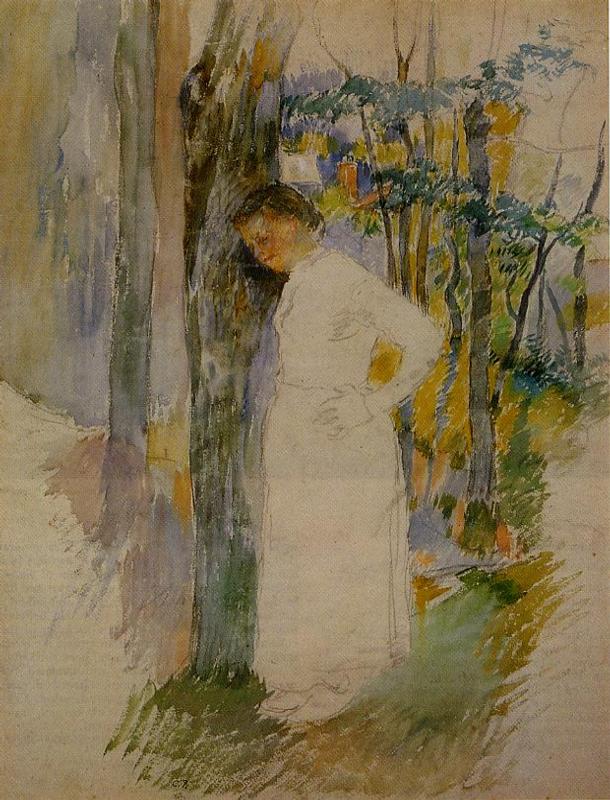 Peasant Woman Standing next to a Tree (1885) - Camille Pissarro Tablo