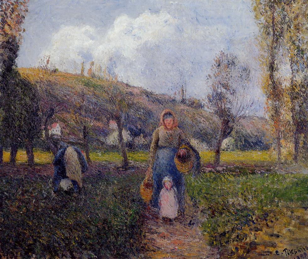 Peasant Woman and Child Harvesting the Fields, Pontoise (1882) - Camille Pissarro Tablo