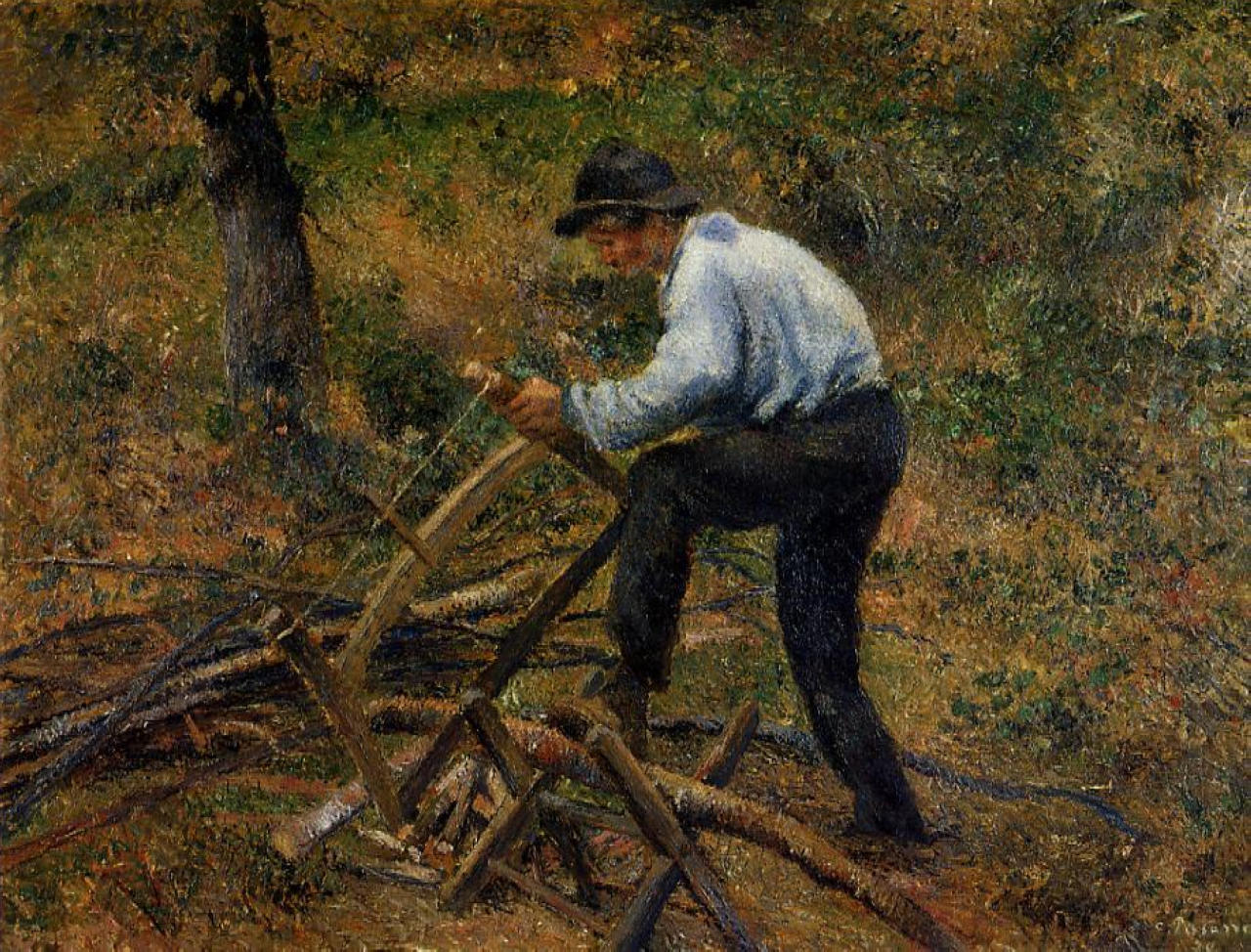 Pere Melon Sawing Wood, Pontoise (1879) - Camille Pissarro Tablo