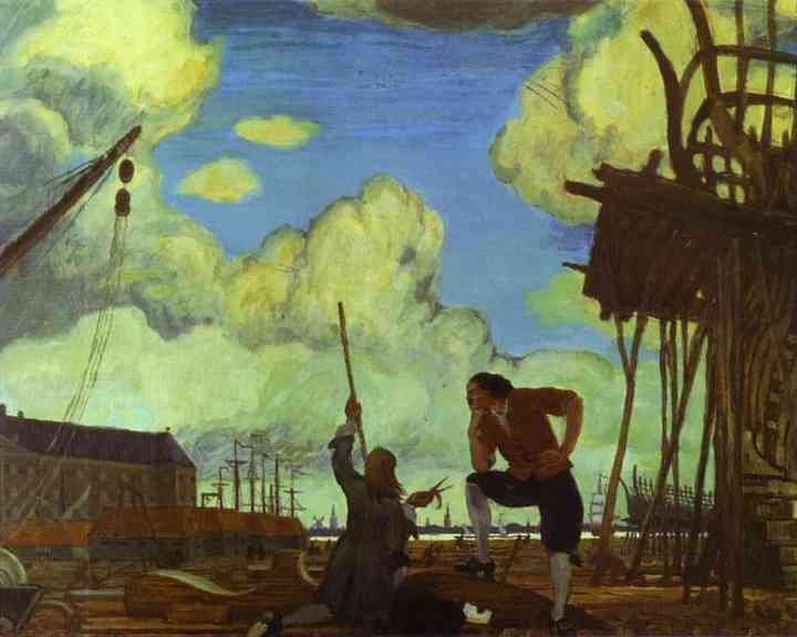 Peter the Great in Holland. Amsterdam, the Wharf of the East India Company. (1910) - Mstislav Dobuzhinsky Tablo