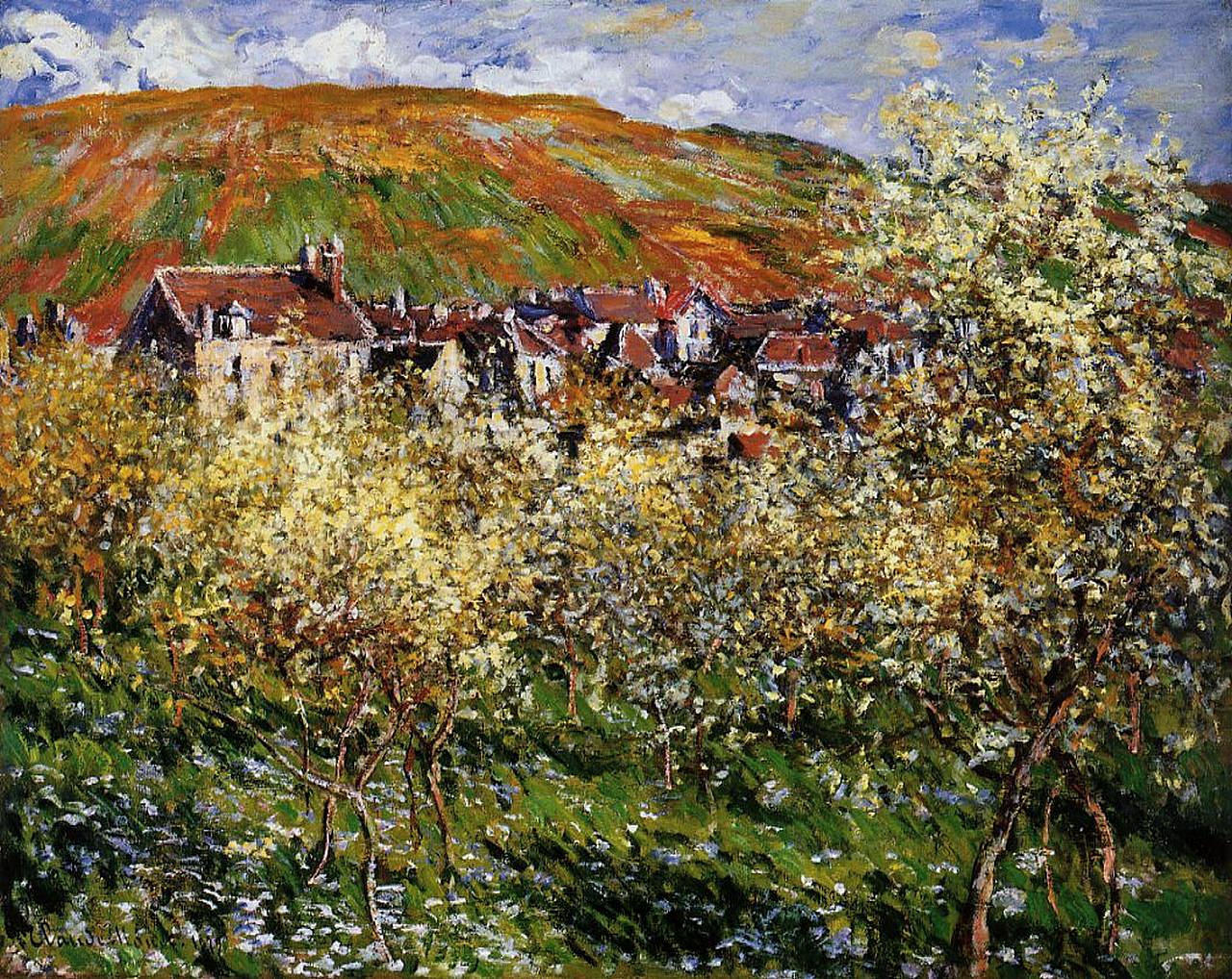 Plum Trees in Blossom at Vetheuil (1879) - Claude Monet Tablo