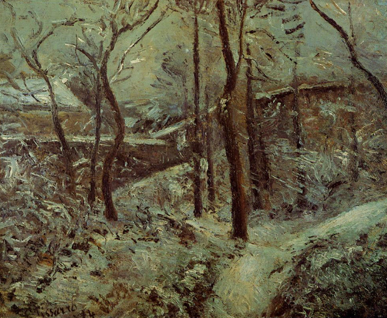 Poor footpath, Pontoise, snow effect (1874) - Camille Pissarro Tablo
