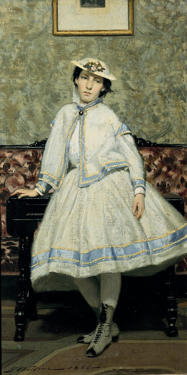 Portrait of Alaide Banti in White Dress (1866) - Giovanni Boldini Tablo