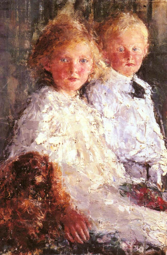Portrait of Elizabeth and Charles Hedworth Williamson with their dog (1907) - Antonio Mancini Tablo
