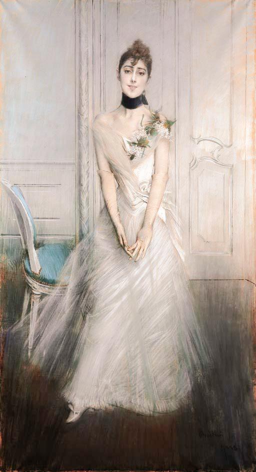 Portrait of Emiliana Concha de Ossa, full length, wearing a white dress (1888) - Giovanni Boldini Tablo