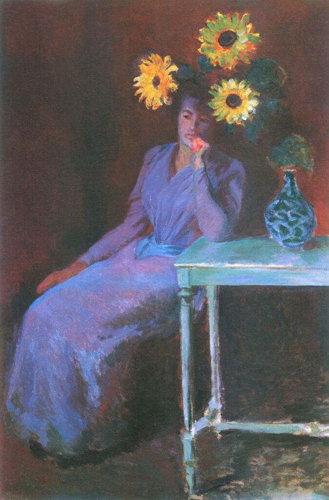 Portrait of Suzanne Hoschede with Sunflowers (1890) - Claude Monet Tablo