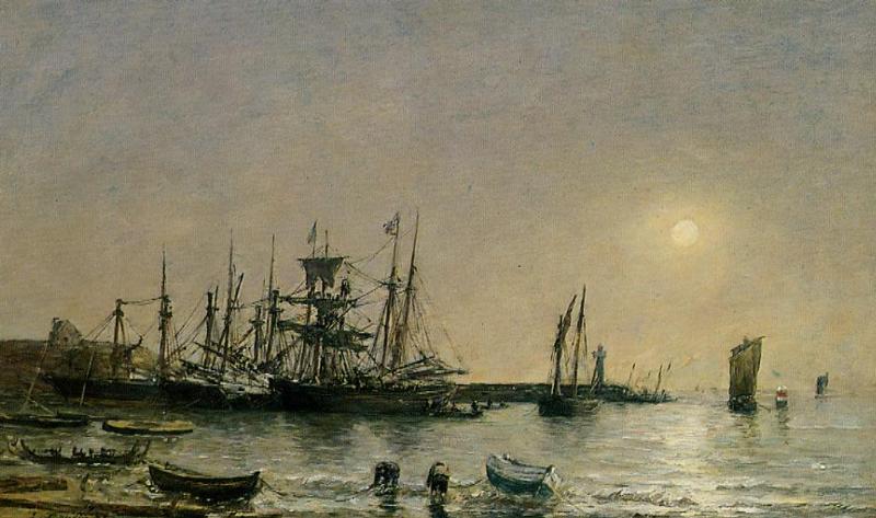 Portrieux Boats at Anchor in Port (1873) - Eugène Boudin Tablo