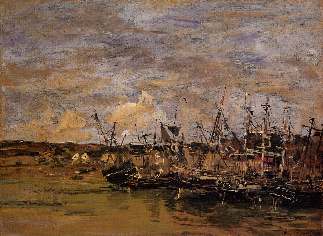Portrieux Fishing Boats at Low Tide (1872) - Eugène Boudin Tablo
