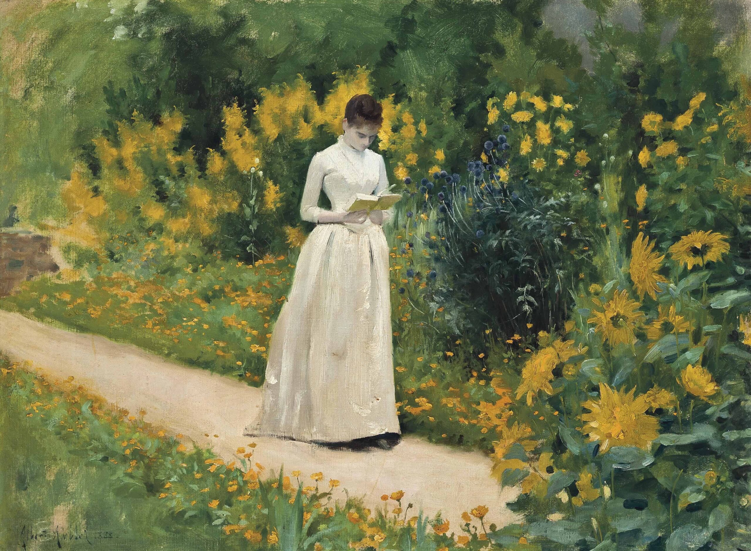 Reading on the Garden Path - Albert Aublet Tablo
