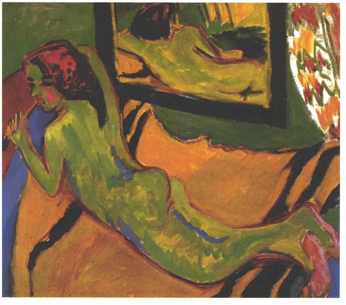 Reclining Female Nude in Front of a Mirror - Ernst Ludwig Kirchner Tablo