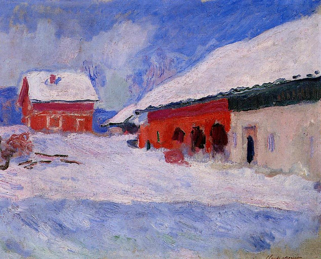Red Houses at Bjornegaard in the Snow, Norway (1895) - Claude Monet Tablo