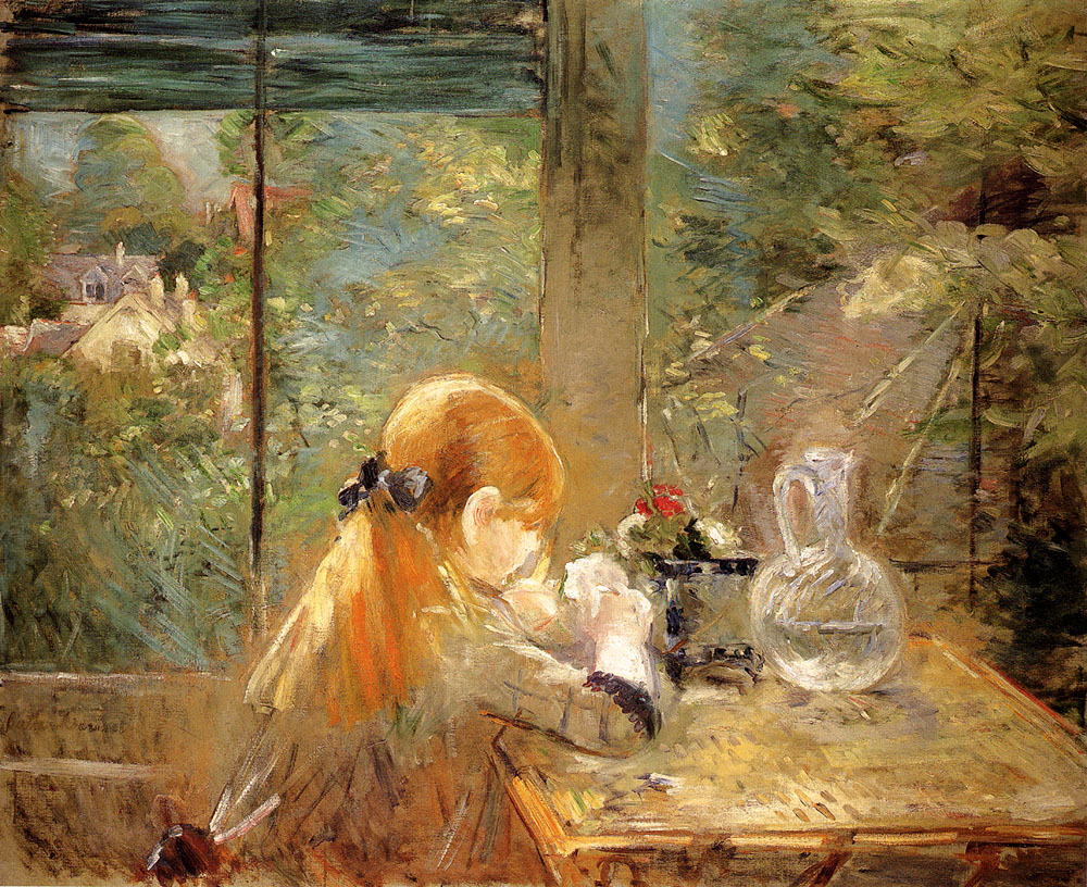 Red haired girl sitting on a veranda (1884) - Berthe Morisot Tablo