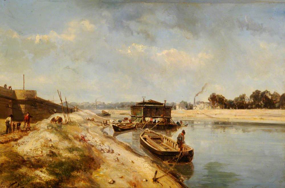River Scene with Barges and Figures (1865) - Johan Jongkind Tablo