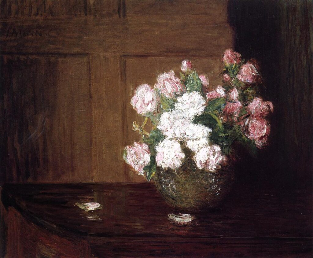 Roses in a Silver Bowl on a Mahogany Table (1888) – Julian Alden Weir Tablo