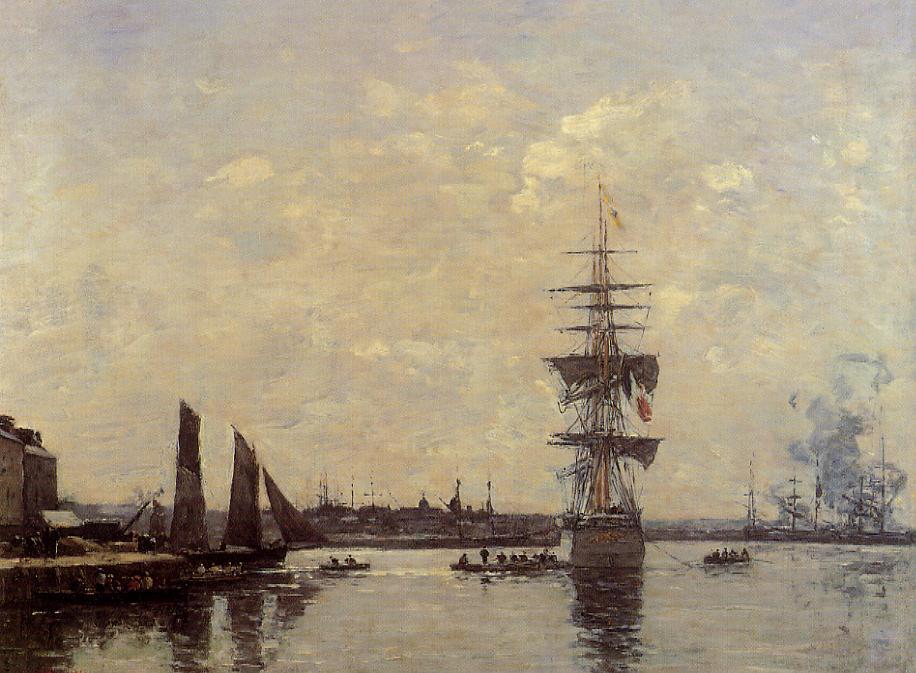 Sailing Boats at Quay (1870) - Eugène Boudin Tablo