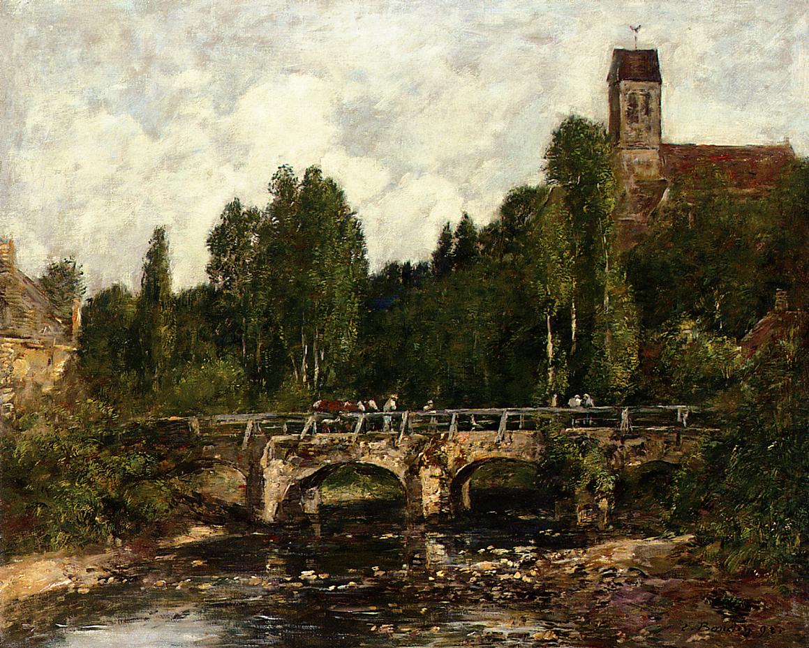Saint Cenery, the Church and the Bridge - Eugène Boudin Tablo