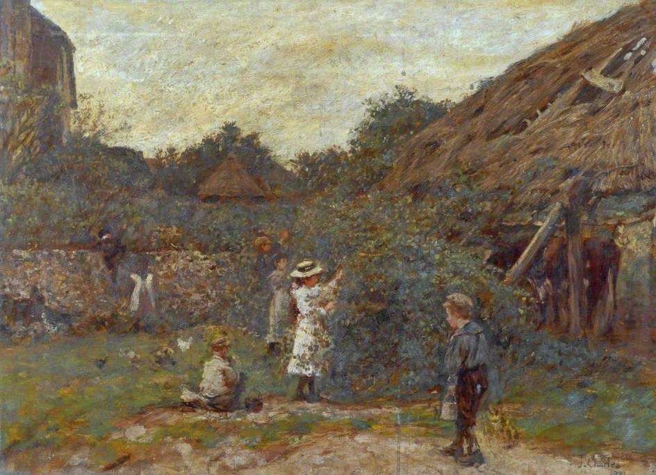 Scene in a Farmyard with Children Picking Fruit (1901) - James Charles Tablo