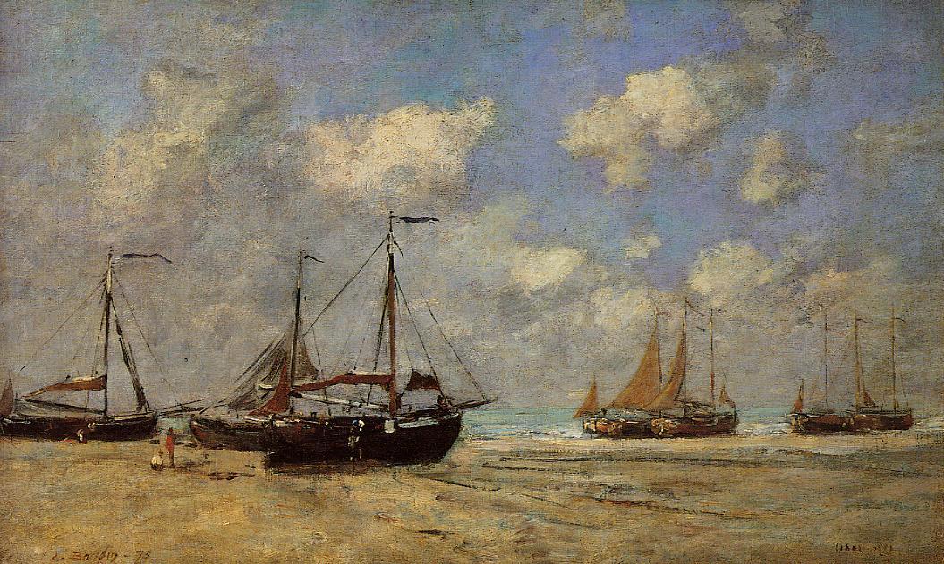 Scheveningen, Boats Aground on the Shore (1875) - Eugène Boudin Tablo