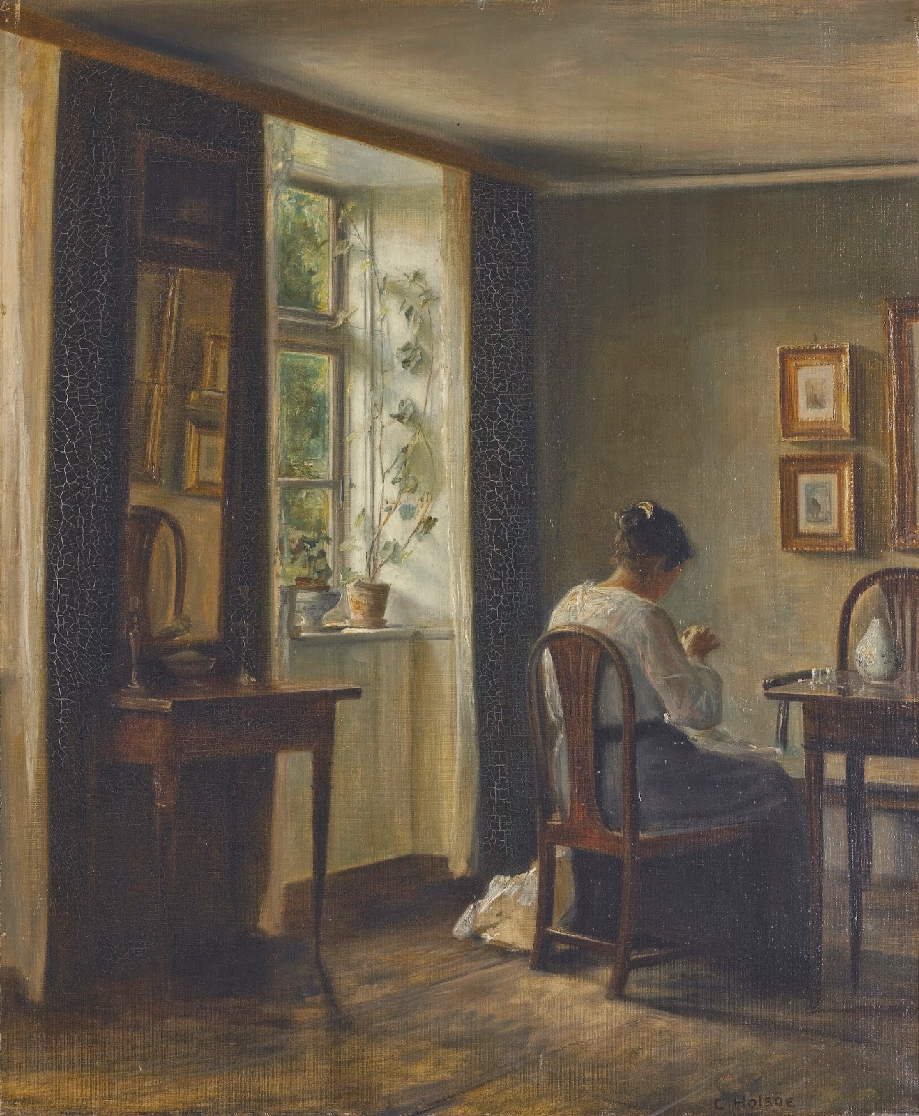 Seamstress Sewing in an Interior - Carl Holsøe Tablo