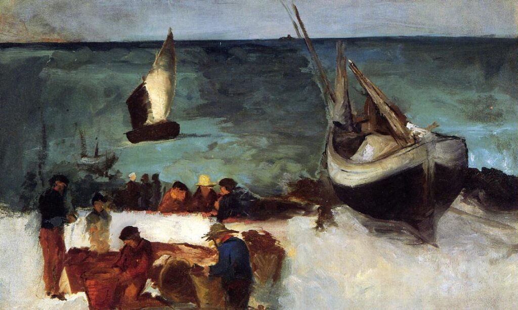 Seascape at Berck, Fishing Boats and Fishermen (1873) - Edouard Manet Tablo