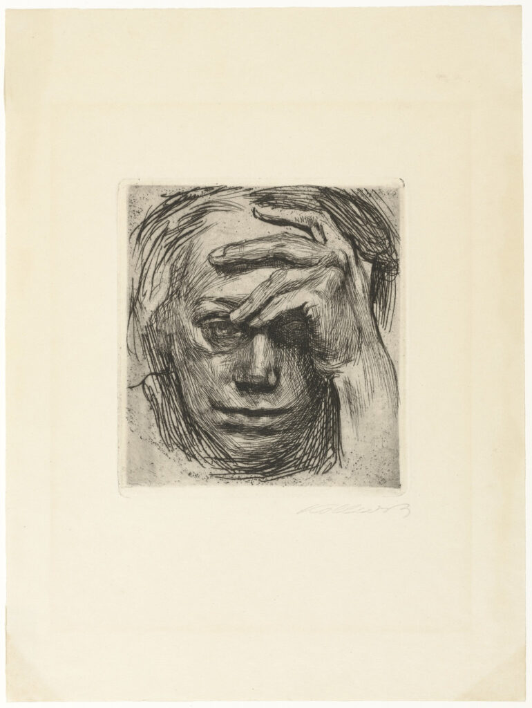 Self Portrait, Hand at the Forehead (1910) - Käthe Kollwitz Tablo