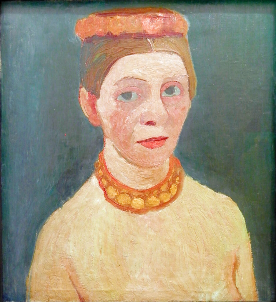 Self portrait with red flower wreath and chain (1906) - Paula Modersohn-Becker Tablo
