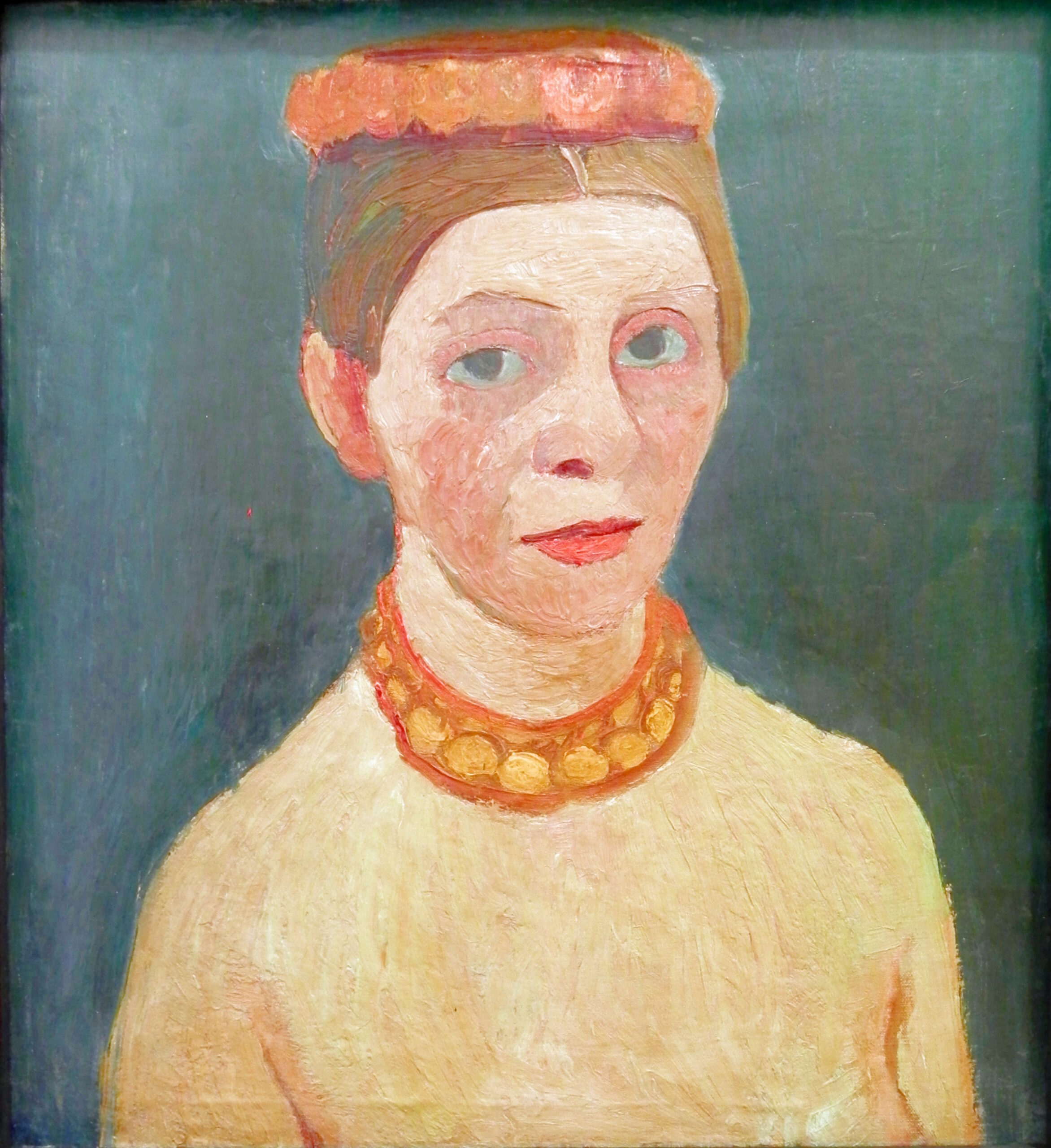 Self portrait with red flower wreath and chain (1906) - Paula Modersohn-Becker Tablo