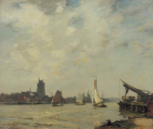 Ships on the Merwede at Dordrecht (1900) - James Campbell Noble Tablo
