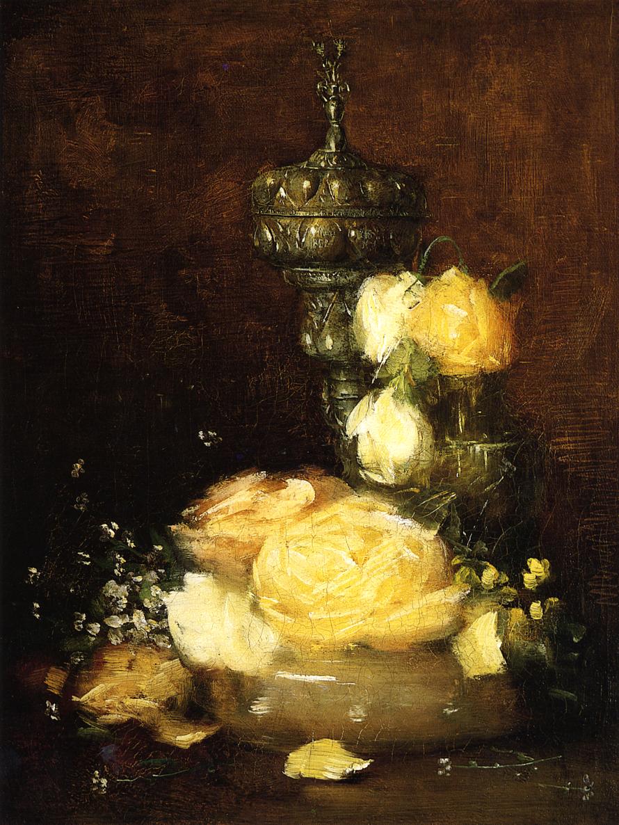 Silver Chalice with Roses (1882) - Julian Alden Weir Tablo