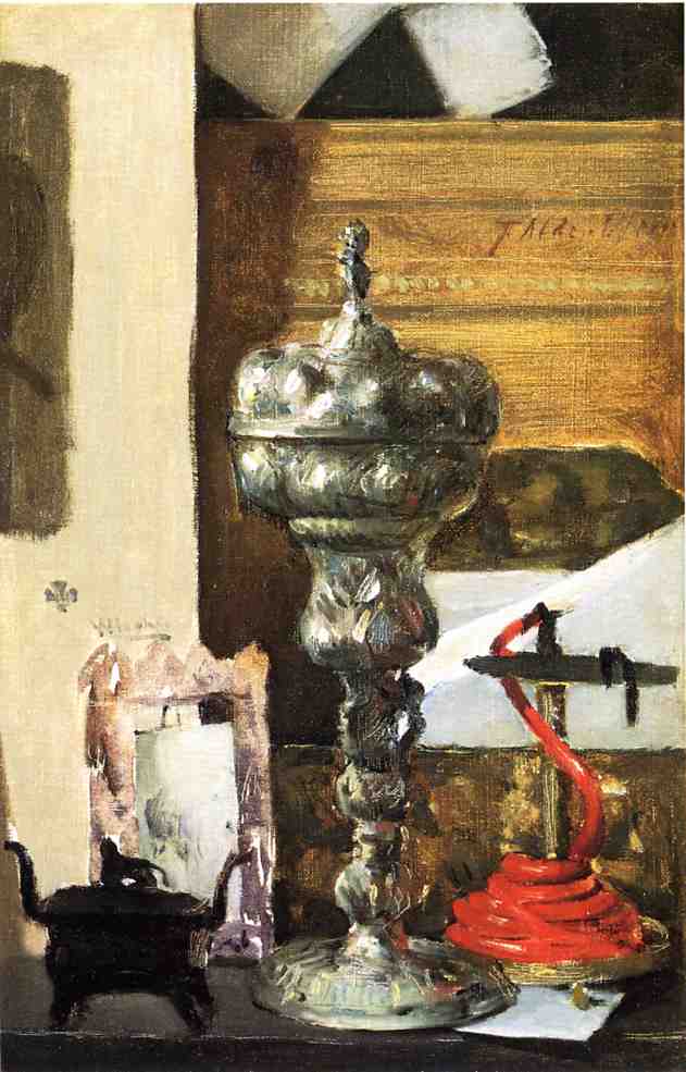 Silver Chalice, Japanese Bronze and Red Tapir (1884) - Julian Alden Weir Tablo