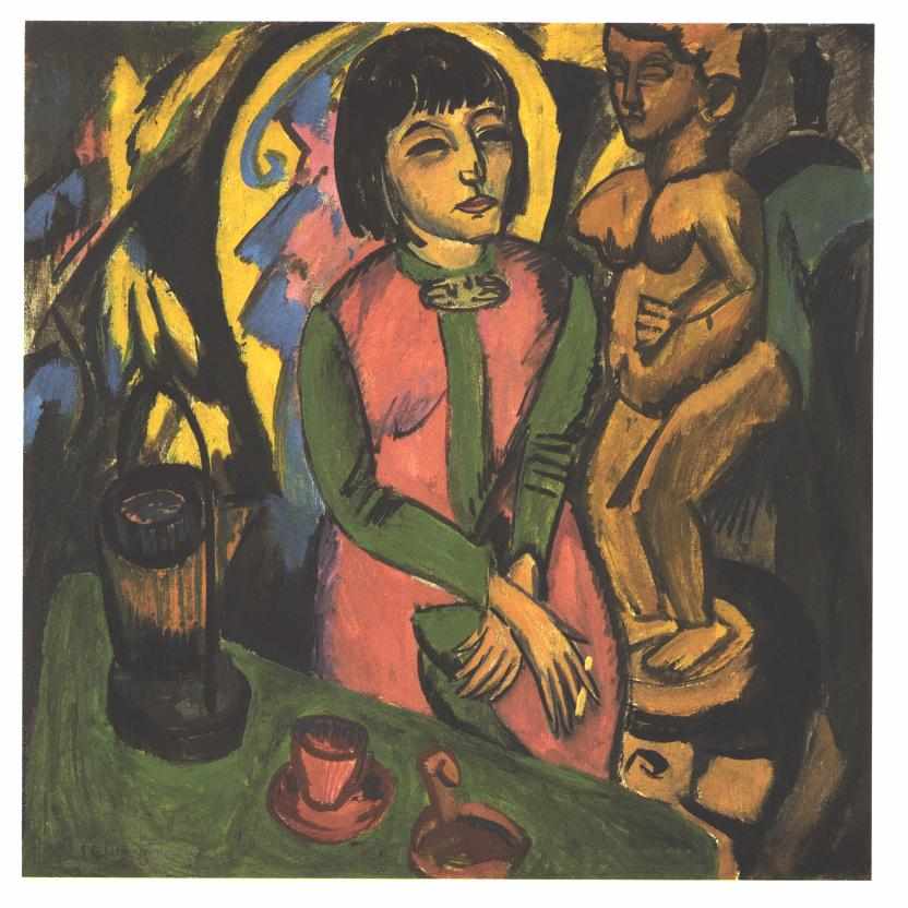 Sitting Woman with a Wooden Sculpture - Ernst Ludwig Kirchner Tablo