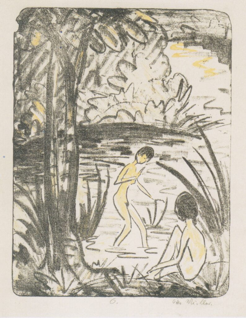 Sitzende Und Badende Mit Baum (1918) - Otto Mueller Tablo