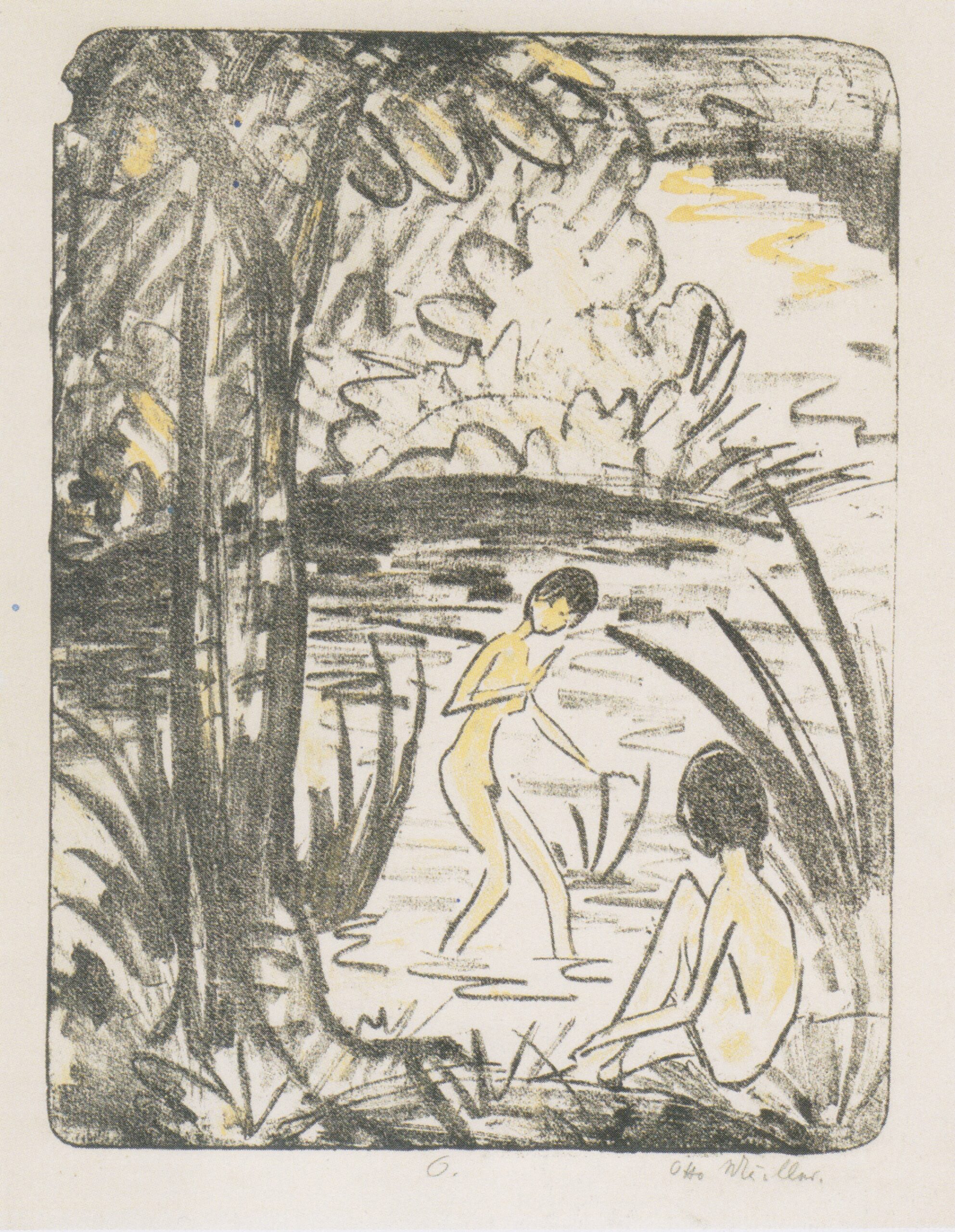 Sitzende Und Badende Mit Baum (1918) - Otto Mueller Tablo