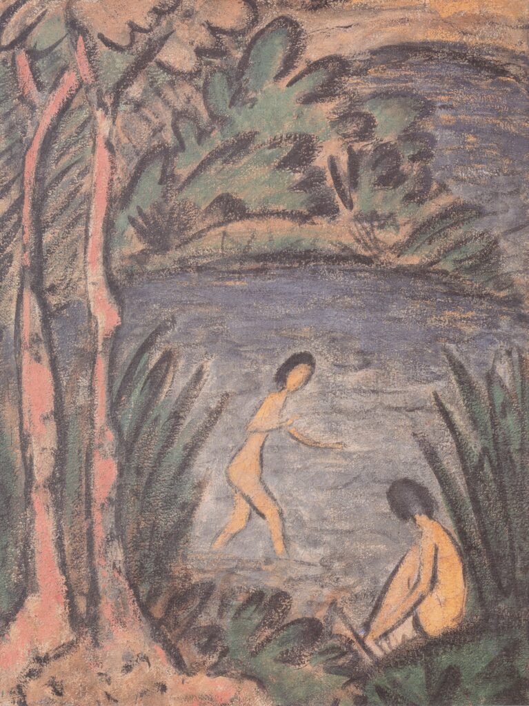 Sitzende Und Badende Mit Zwei Bäumen (1918) - Otto Mueller Tablo