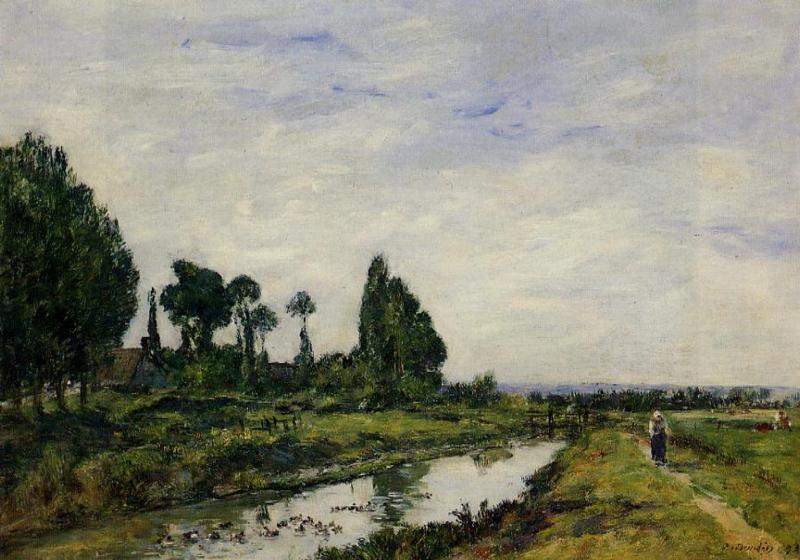 Small Canal at Quilleboeuf (1893) - Eugène Boudin Tablo