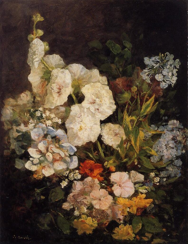 Spray of Flowers Hollyhocks (1858) - Eugène Boudin Tablo