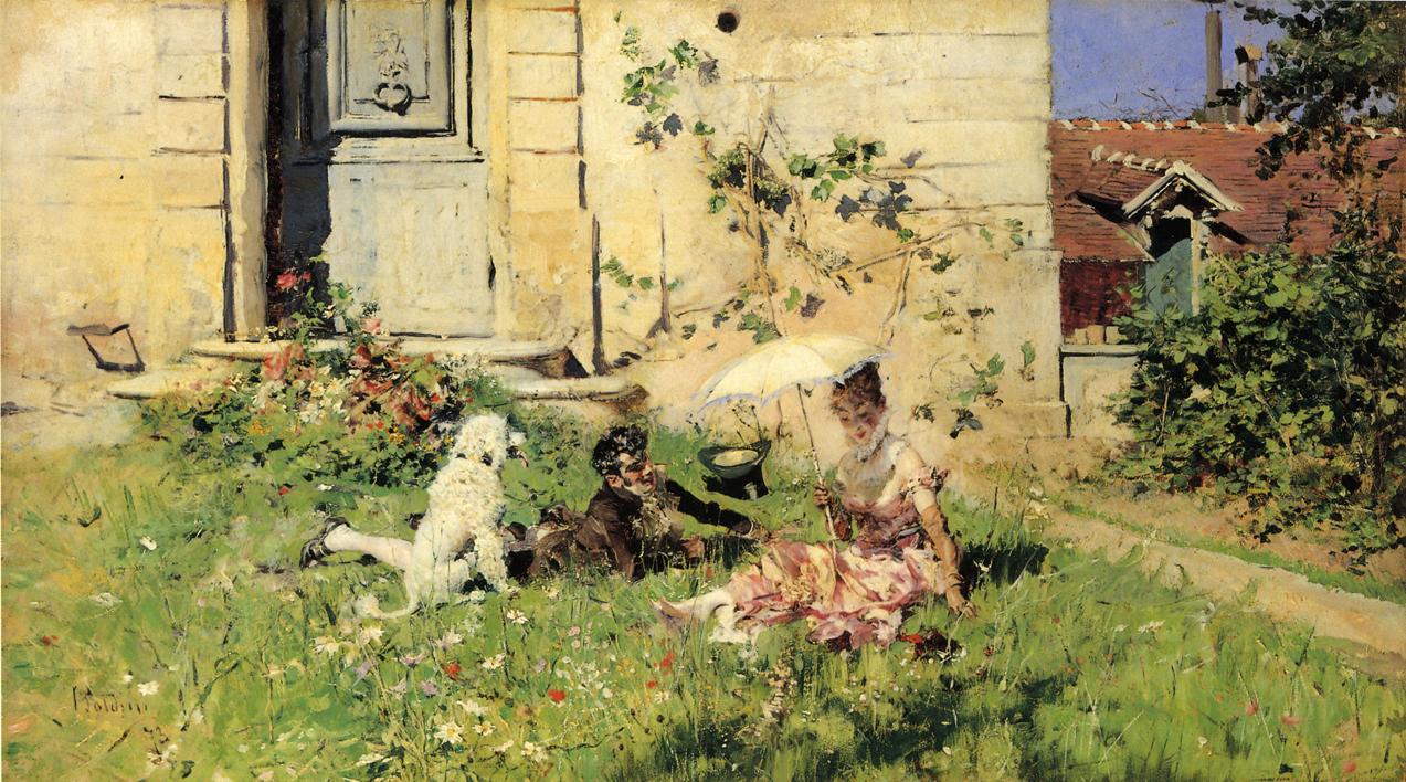 Spring (Young couple in Empire dress on the meadow) (1873) - Giovanni Boldini Tablo